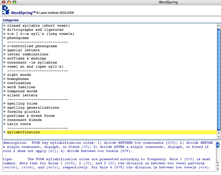 Wordspring Syllable Division Example